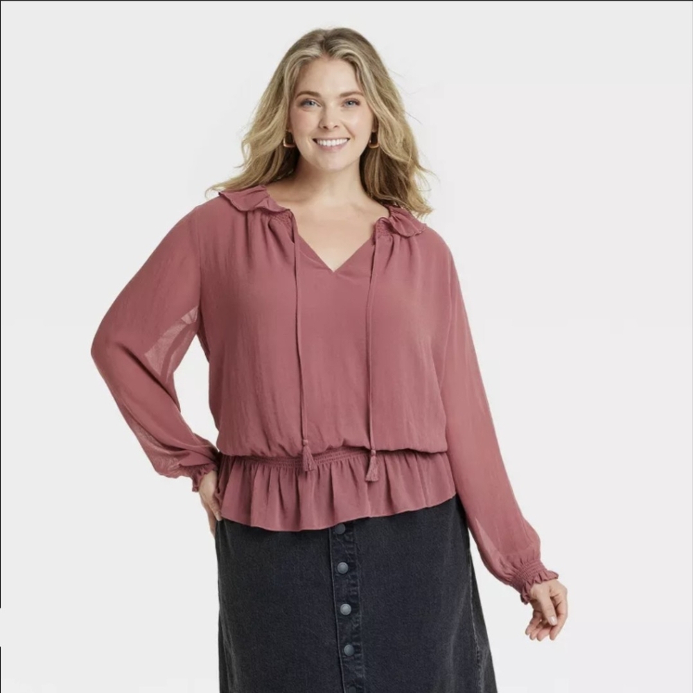 Universal Thread Pink Long Sleeve Sailor Collar Blouse - Picture 1 of 5